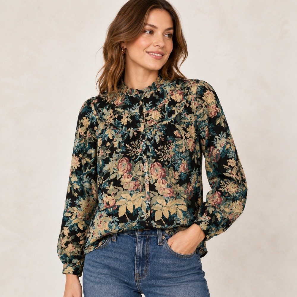 La Vie Rebecca Taylor Floral Ruffle Yoke Blouse‎ XS Cottagecore Boho